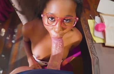 Nerdy Ebony sucks Big White Dick